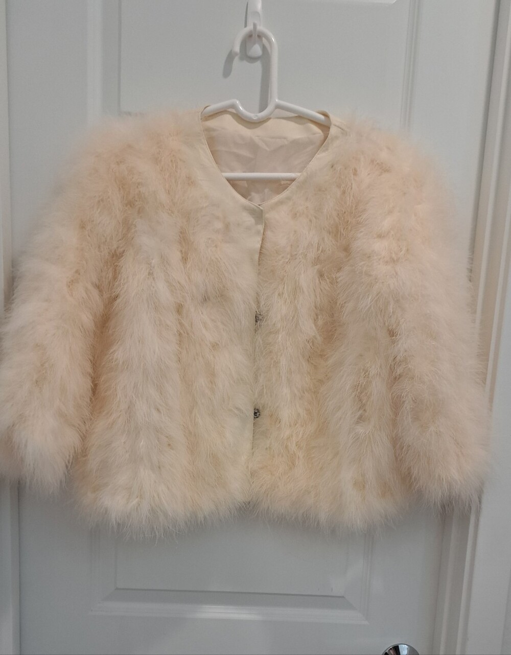 Beautiful Women's Cream Feather Jacket - Elegant Faux Fur Coat